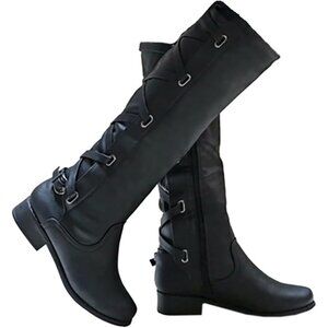 Womens Faux Leather Black Strappy Motorcycle Knee High Riding Flat Lace Up Boots